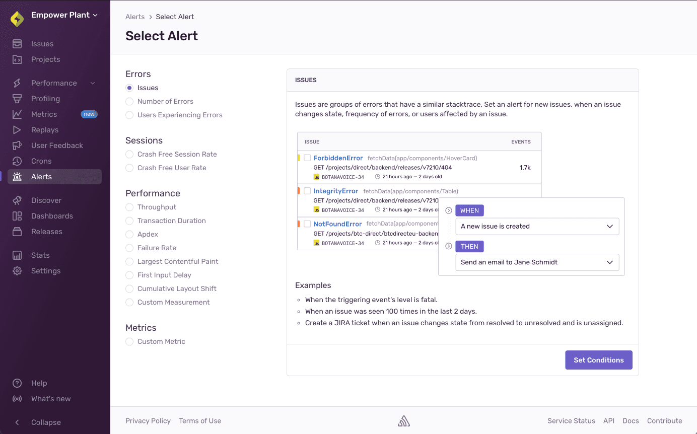 Choice between alerts about Errors, Sessions, Performance, or a Custom Metric